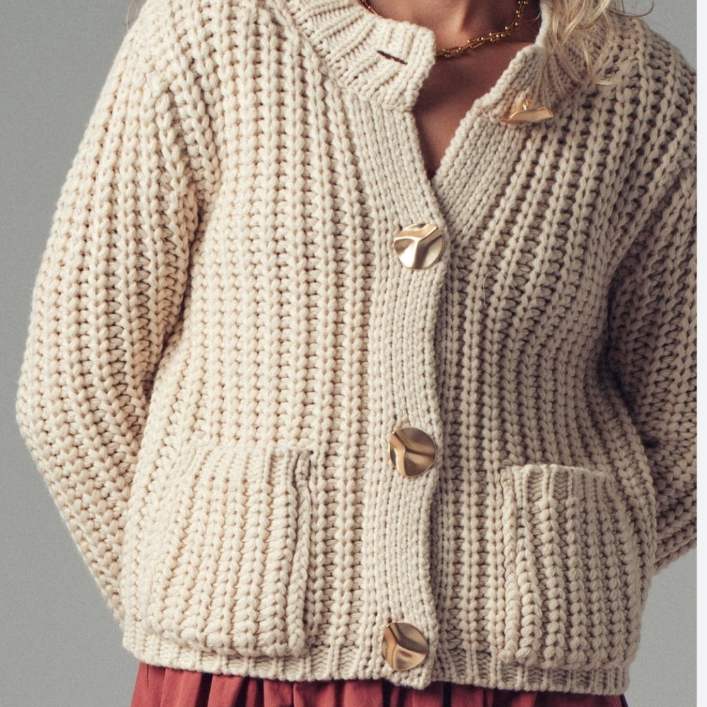 Zara Chunky Gold Button Ribbed Knit Cardigan